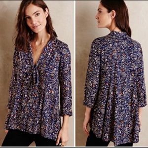 Anthropologie Maeve Floral Tie Neck Swing Blouse